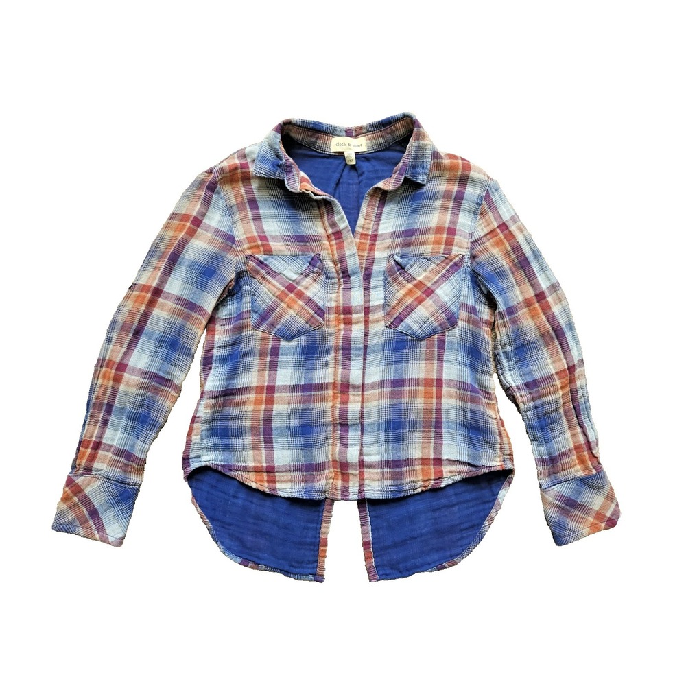 Cloth & Stone Plaid Button Down Shirt Womens PXS Blue Orange Split Back Gauze‎